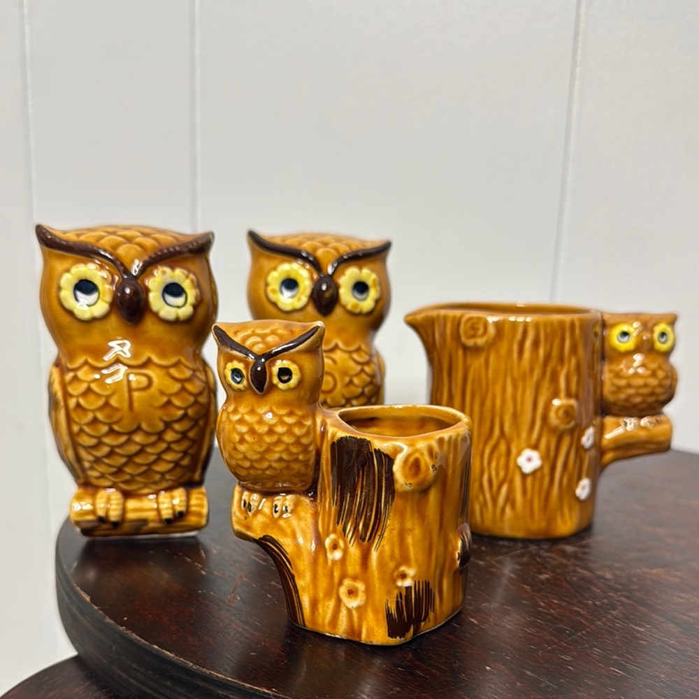 Vintage ceramic owl lot salt pepper shakers toothpick holder mini creamer